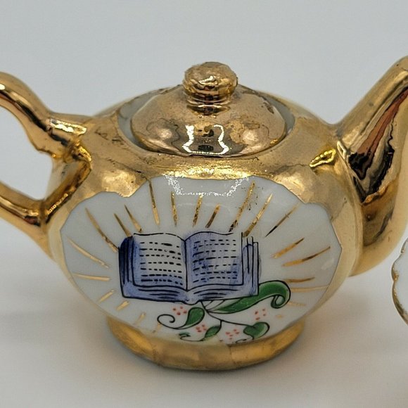 Miniature Teapot And Teacup Vintage Bible Print Religious Gold Plate Doll Teapot - Picture 2 of 12